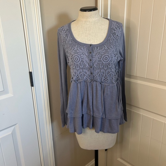 Knox Rose Boho Blue Baby Doll Top with Lace. Size Medium. - Picture 1 of 9